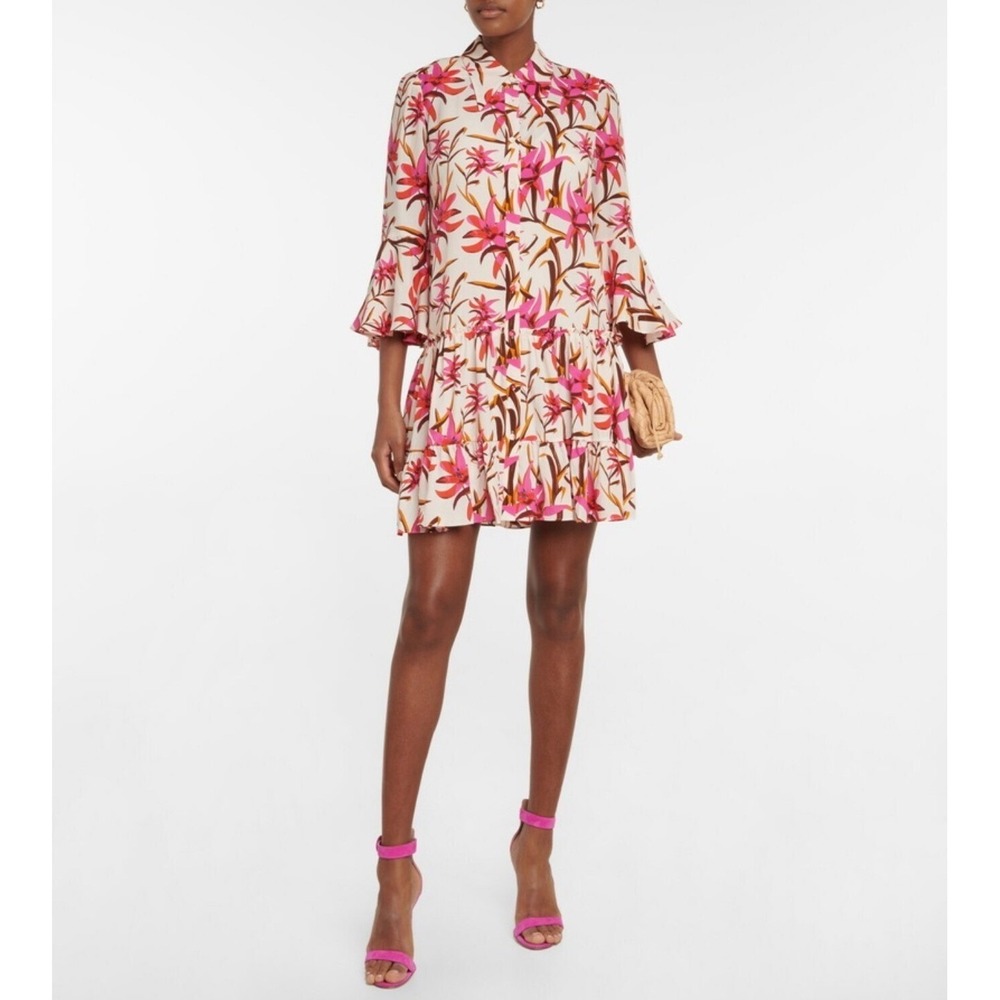 Diane von Furstenberg Beata‎ Floral Tiered Mini Dress Pink Orange Size Large NEW